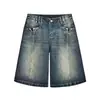 Shorts de Mezclilla Azules Vintage Retro para Mujer Tendencia Nuevo Versátil Diseño de Cintura Alta de Cinco Puntos Pierna Ancha de Longitud Media