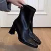 Botas Cuadradas de Tacón Alto Delgadas de Estilo Coreano Versátiles de Moda para Mujer, Tacón Grueso, Botas Martin Forradas de Lana, Estilo Británico, Botines Estilo Francés para Mujer
