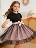 Vestido de Princesa de Malla con Mangas Abullonadas de Doble Capa Corazón de Melocotón para Niñas Vestido Dulce de Verano con Contraste Rosa y Negro y Lazo