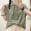 Camisa de cuadros de manga corta de algodón puro para mujer, nuevo estilo de verano, camisa de cuadros con cuello camisero, blusa top holgada