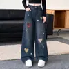 Calça Jeans Xadrez Coração Doce Fofa Moda Outono/Primavera Novidades para Crianças Médias/Grandes Casual Solta Versátil Perna Larga
