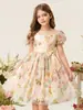 Vestido de princesa floral para niñas transfronterizo europeo y americano, vestido de fiesta con mangas abullonadas y estampado de mariposas para niños medianos y grandes, en stock transfronterizo