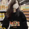 Sudadera Negra Retro para Mujer Otoño Invierno Más Terciopelo Holgada Adelgazante Pulóver Pequeña Dibujos Animados Americanos Top ins