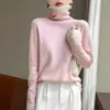 Camisa básica de tricô feminina de manga comprida, novo suéter pulôver, blusa de tricô solta com gola dupla empilhada e cores contrastantes para outono e inverno
