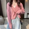 Suéter de otoño para mujer con un diseño elegante y original, cuello en V, largo corto, top de manga larga, cárdigan de punto versátil, chaqueta holgada estilo boyfriend