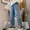 Jeans de Menina Primavera & Outono Novo Celebridade da Internet Infantil Médio e Grande Solto Calças Simples de Menina Primavera Outono Verão Calças Retas de Perna Larga