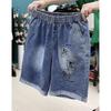 Shorts Jeans Femininos de Verão Plus Size para Redução da Idade com Cintura Elástica, Mickey de Desenho Bordado e Bolsos Diagonais