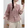 Camisa de Linho de Algodão Bordada Artística Feminina Verão Novo Retro Gola Redonda Manga Média Solta Emagrecedora Top Cardigan Petite