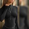 Top Europeo y Americano Transfronterizo para Mujer Otoño Nuevo Color Sólido Cuello Semialto Ajustado Moldeador Manga Larga Sexy Ajustado Estilo Spice Girl para Mujer