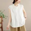 Camisa blanca sin mangas con cuello para mujer, holgada de verano, que oculta el abdomen, top adelgazante con diseño de jacquard calado bordado