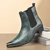 Botines Chelsea Retro de Cuero Agrietado para Hombre con Puntera Metálica, Punta Cuadrada, Tacón Grueso, Estilo Británico, Botines de Tobillo sin Cordones para Hombre