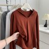Talla Grande - Camiseta Simple de Línea Espina de Pescado con Capucha y Manga Larga para Mujer en Otoño e Invierno Holgada y Versátil Top Camiseta Básica Gruesa