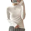 Camisa Básica Feminina com Gola Alta, Forrada com Fleece Veludo Bebê, Acabamento Escovado, Adequada para Primavera e Outono, Manga Longa que Pode Ser Usada por Fora