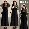 Conjunto de roupa de maternidade outono e inverno novo: top listrado interno + saia de alça preta, bolsos grandes, cobre a barriga, caimento justo para usar por cima