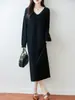 Otoño e Invierno Cuello en V Vestido Tejido de Lana Pura 100% para Mujer Suelto Largo hasta la Rodilla Vestido Suéter Bajo Cachemira Falda Larga