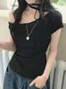 Camiseta de Verano Asimétrica con Lunares Contrastantes, Estilo Coreano, para Mujer, con Cordones, Hombro Descubierto, Dulce y Femenina, Versátil, Efecto Adelgazante, Top de Hombro Inclinado