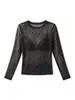 Camiseta interior de encaje brillante con estampado de letras estilo coreano, corte ajustado, ligeramente transparente, manga larga, blusa transparente elegante para usar en capas