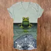 Blusa Feminina Manga Curta Gola V Estampa Animal Sapo Padrão Colorido 3D Personalizada Casual Peça Única Atacado
