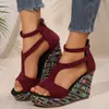 Sandálias de Salto Alto Peixe Boca Tamanho Grande Transfronteiriças para Mulheres Sola Grossa Salto Anabela Peixe Boca Fivela Sandálias Espadrille Atacado