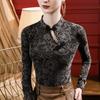 Otoño 2023 nuevo estilo chino cheongsam cuello flocado encaje top mujer estilo occidental camisa de manga larga ajustada con hebilla
