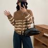 Cárdigan de punto a rayas con doble cremallera y contraste de color de estilo coreano para mujer, chaqueta holgada con cuello redondo y nuevo diseño para otoño e invierno.
