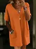 Vestido Recto Casual de Manga Corta de Color Sólido con Cuello en V Estilo Europeo y Americano Transfronterizo 2026 Holgado Casual con Bolsillos Ajuste Relajado para Mujer