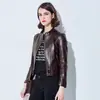 Chaqueta de Piel de Oveja Borgoña con Cuello Alto para Mujer, Chaqueta Biker Sencilla de Cuero Genuino Corta Ajustada de un Solo Botón, Abrigo de Cuero Genuino para Mujer