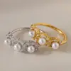 Moda Ins Europeia e Americana Design Minimalista Zircônia 5A Pérola de Concha Anel Ajustável com Abertura Lateral Anel Banhado a Ouro 18K de Aço Inoxidável