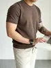 GDDQSDC LP Camiseta Casual Jacquard de Malha de Manga Curta em Mistura de Linho e Liocel Estilo Old Money Italiano para Homens Verão