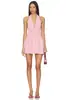 Minivestido de cuadros rosas estilo europeo y americano con cuello halter, escote en V pronunciado, espalda descubierta, cintura elástica, corte en A, adecuado para vacaciones, vestido corto de cuadros fresco