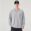 Camiseta masculina de manga longa, novo modelo primavera e outono 2026, gola redonda, solta, casual, confortável, com bolsos, cor sólida, versátil e moderna