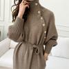 Vestido Jersey de Cuello Alto para Mujer en Otoño e Invierno, Holgado y Adelgazante, Vestido de Punto con Cordones en la Cintura de Doble Uso con Aspecto de Alta Gama