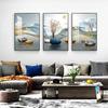 Decoración de Pared de Fondo de Sala de Estar de Lujo Accesible Moderno Pintura Tríptico de Sofá Azul Pintura Colgante Mural Simple y Atmosférico Arte de Luz de Ciervo