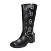 Hebilla de cinturón botas altas retro botas de moda botas de mujer venta al por mayor botas largas nuevas tacón grueso botas vaqueras botas de cuero que aumentan la altura