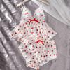 Pijama Fofa Casual Confortável de Alça para Mulheres com Estampa de Morango e Renda