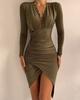 Otoño Comercio Exterior Nuevo Vestido de Fiesta Elegante para Mujer de Cintura Media, Largo Medio Asimétrico Arrugado de Manga Larga, vestido