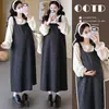 Stock Listo Vestido de Maternidad Otoño Invierno Nuevo Top con Cuello de Muñeca + Vestido Chaleco de Lana con Lunares Conjunto de Dos Piezas Traje de Maternidad