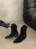 Botines de tacón alto para mujer, con fruncidos en el escote en V y punta fina, tacón de bloque, botas de moda estilo vaquero occidental, novedad 2025