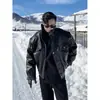 Chaqueta de Cuero para Motocicleta Estilo Retro Americano para Hombres y Mujeres, Marca de Tendencia Nueva Primavera y Otoño con un Toque de Lujo, Elegante Chaqueta de Cuero PU con Cuello Alto