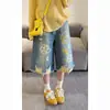 Jeans Rotos de Verano Estilo Retro Nuevo con Estampado de Dibujos Animados y Grafiti para Mujer, Talla Petite, Pantalones Cropped de Pierna Ancha de Gama Alta