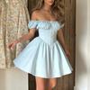 Vestido corto de verano de manga corta ajustado con diseño de espiga de pescado para mujer, de comercio exterior, sexy, con cuello cuadrado, ropa dulce y picante.