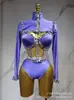 Traje Púrpura Elástico con Pedrería, Vestido para Fiesta de Noche en Banquetes y Discotecas, Atuendo de Presentación, Disfraz de Escenario, Atuendo de Halloween para Presentación