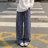 Pantalones casuales de cuadros retro de pierna ancha para mujer, verano finos de cintura alta estilo coreano de pierna recta de algodón burbuja casuales