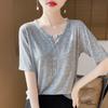 Camisa base de punto fino de imitación para mujer de manga corta con cuello semiabierto de cuatro botones para el verano 2025, nueva, top suelto que combina con todo, manga corta