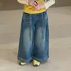 Pantalones de pierna ancha con puños estilo retro coreano de alta gama para niña Mo Xiaomeng Otoño 2026 Jeans casuales holgados para niños