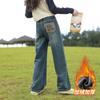 Jeans para Meninas Outono e Inverno 2025 Novo Conjunto de Outono Infantil Calças Forradas de Lã para Crianças Grandes Conjunto de Inverno Calças Retas para Meninas