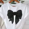 Camiseta Casual Negra con Estampado de Lazo de Manga Corta para Mujer-Así