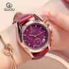 Reloj GUOU GUOU multifuncional con tres esferas grandes y correa de cuero para mujer, reloj de cuarzo morado con diamantes de imitación para estudiantes.
