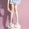 Meias 3/4 Cor Creme com Renda em Treliça e Laço Estilo Lolita Menina Japonesa Finas Estilo Princesa Meia 3/4 com Babados
