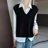 Colete de tricô vintage em lã pura em camadas estilo francês para mulheres, colete suéter sem mangas afunilado